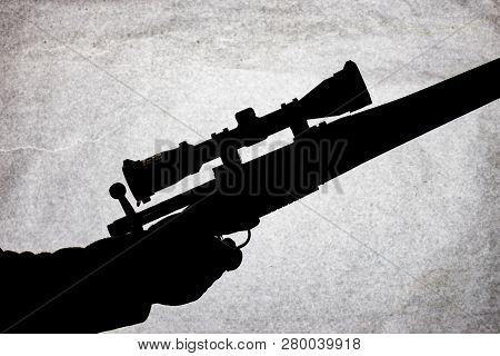 Bolt Action Carbine With An Scope In The Hand Of A Man. Long-range Shotgun, Conceptual Photo. Place 