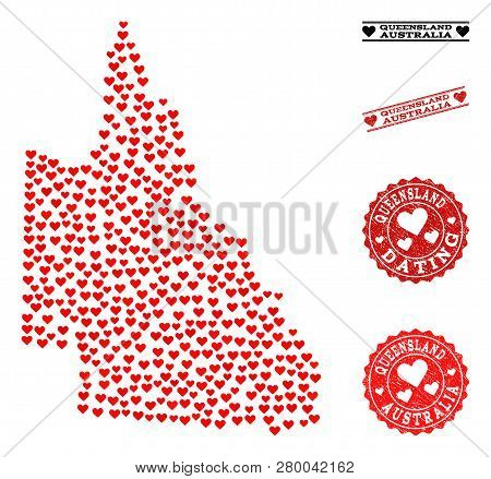 Collage Map Of Australian Queensland Formed With Red Love Hearts, And Rubber Watermarks For Dating. 