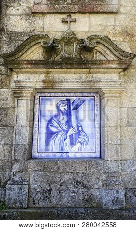 Castro Daire, Portugal - July 21, 2018:  Niche With Monochrome Tile Panel, Blue On White, Flanked By