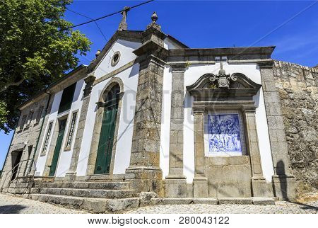 Castro Daire, Portugal - July 21, 2018:  Niche With Monochrome Tile Panel, Blue On White, Flanked By
