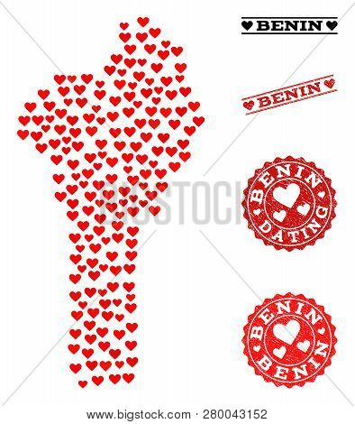 Collage Map Of Benin Formed With Red Love Hearts, And Grunge Watermarks For Dating. Vector Lovely Ge