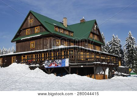 Paprsek, Czech Republic - February 19,2018: Wooden Chalet Paprsek In A Popular Ski And Cross-country