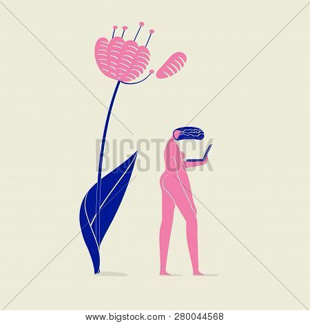 Illustration Of A Girl Nude With Notebook Under Flower, Person, Nature, Ecology And Technology, Pink
