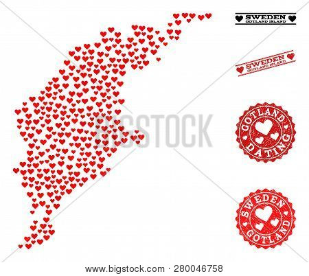 Mosaic Map Of Gotland Island Formed With Red Love Hearts, And Rubber Stamp Seals For Dating. Vector 