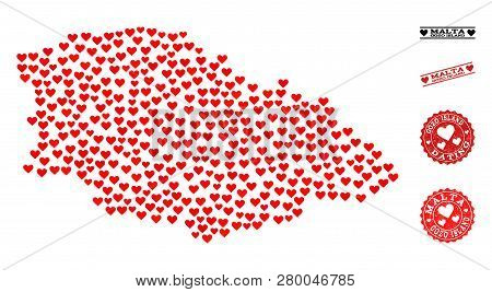 Collage Map Of Gozo Island Formed With Red Love Hearts, And Grunge Watermarks For Valentines Day. Ve