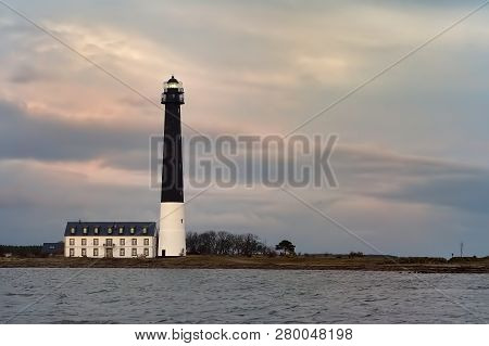Amazing Dusk View Of Sorve Lighthouse On Island Saaremaa. Most Famous Lighthouse In Estonia.