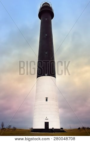 Amazing Dusk View Of Sorve Lighthouse On Island Saaremaa. Most Famous Lighthouse In Estonia.