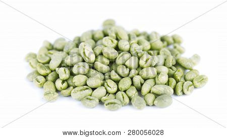 Green Coffee Beans, Isolated On White Background. Medium Green Peaberry Coffee Beans.