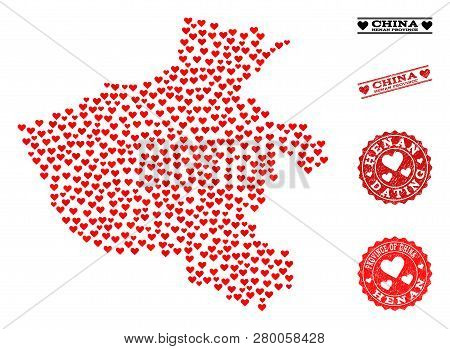 Mosaic Map Of Henan Province Formed With Red Love Hearts, And Grunge Stamp Seals For Valentines Day.
