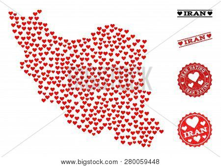 Mosaic Map Of Iran Designed With Red Love Hearts, And Grunge Stamp Seals For Dating. Vector Lovely G