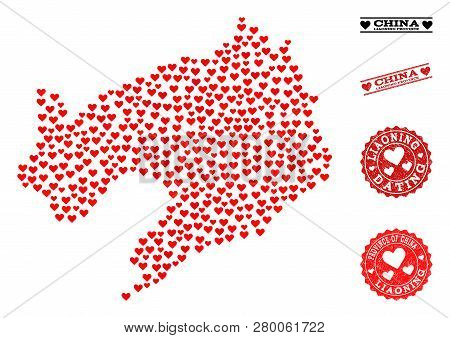 Mosaic Map Of Liaoning Province Formed With Red Love Hearts, And Rubber Watermarks For Dating. Vecto