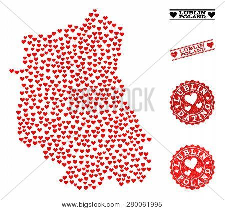 Collage Map Of Lublin Province Formed With Red Love Hearts, And Grunge Stamp Seals For Valentines Da