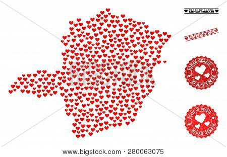 Collage Map Of Minas Gerais State Composed With Red Love Hearts, And Rubber Stamp Seals For Valentin