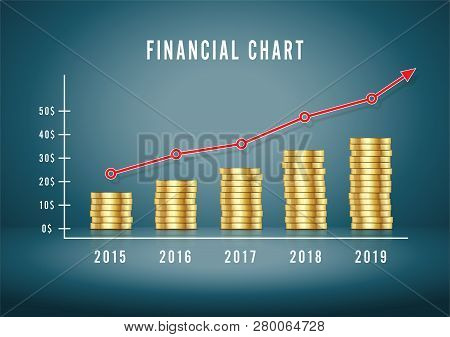 Financial Chart Up. Infographic Diagram Of Making Money With Gold Coins. Graph Investment, Growth Go