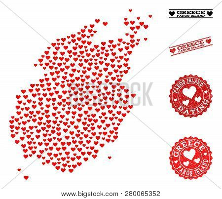 Mosaic Map Of Paros Island Formed With Red Love Hearts, And Rubber Watermarks For Valentines Day. Ve