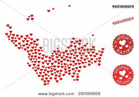Collage Map Of Saint Barthelemy Formed With Red Love Hearts, And Grunge Watermarks For Dating. Vecto