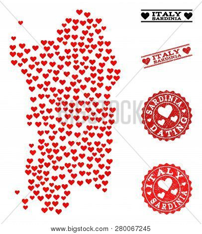 Collage Map Of Sardinia Region Composed With Red Love Hearts, And Rubber Watermarks For Valentines D