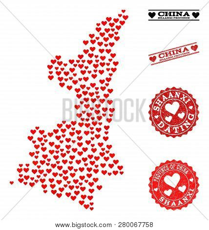 Collage Map Of Shaanxi Province Designed With Red Love Hearts, And Grunge Stamp Seals For Dating. Ve