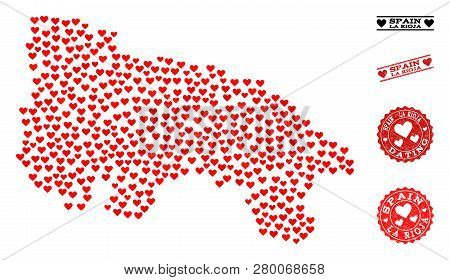 Collage Map Of Spain - La Rioja Composed With Red Love Hearts, And Grunge Stamp Seals For Valentines