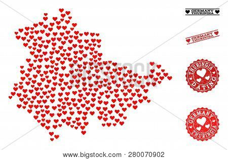 Collage Map Of Thuringia State Composed With Red Love Hearts, And Grunge Stamp Seals For Dating. Vec
