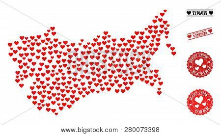Mosaic Map Of Ussr Created With Red Love Hearts, And Rubber Watermarks For Valentines Day. Vector Lo
