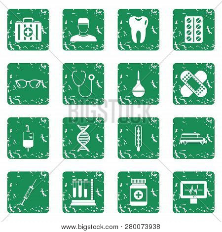 Medicine Icons Set In Grunge Style Green Isolated Illustration