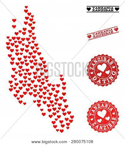 Collage Map Of Zanzibar Island Formed With Red Love Hearts, And Rubber Stamp Seals For Dating. Vecto