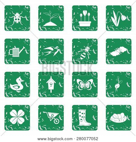 Spring Icons Set In Grunge Style Green Isolated Illustration