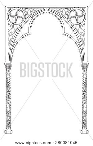 Medieval Manuscript Style Rectangular Frame. Gothic Style Pointed Arch. Vertical Orientation. Eps10 