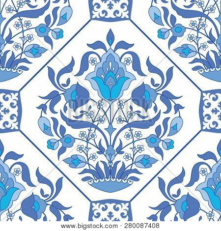 Ornate Tile Background In Arabic Style. Samless Floral Pattern In Blue And White