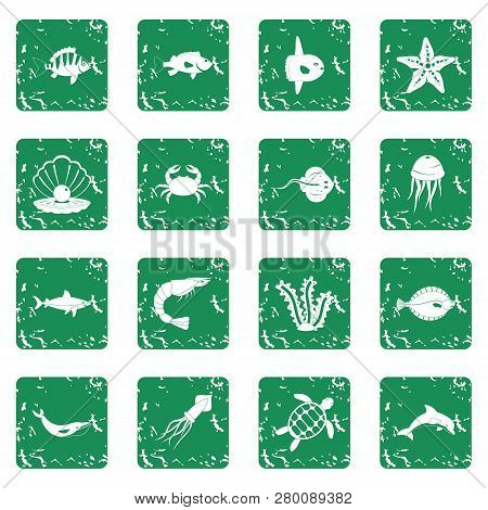 Sea Animals Icons Set In Grunge Style Green Isolated Illustration