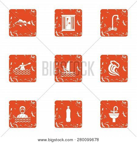 Conquer The Wave Icons Set. Grunge Set Of 9 Conquer The Wave Icons For Web Isolated On White Backgro