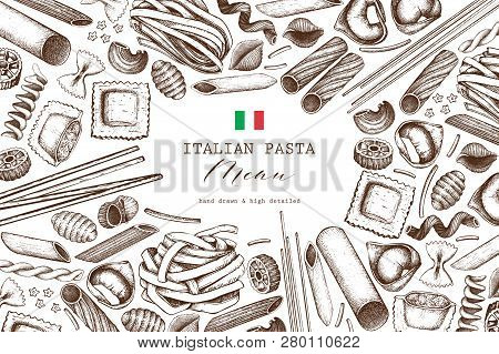 Vector Background With Traditional Italian Pasta Isolated On White. Hand Drawn Food Sketches.  Vinta