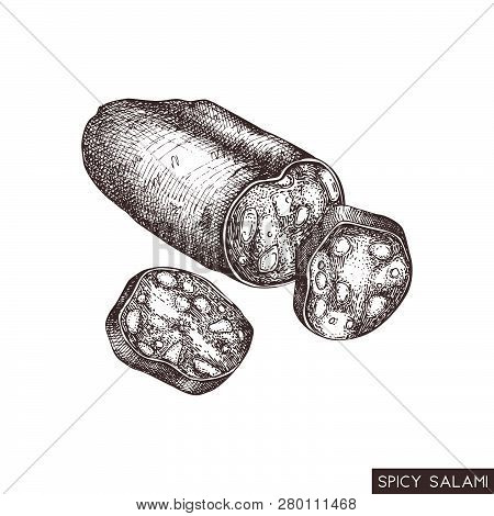 Vector Illustration Of Spice Salam. Engraved Style Food Drawing Isolated On White. Vintage Meat Prod