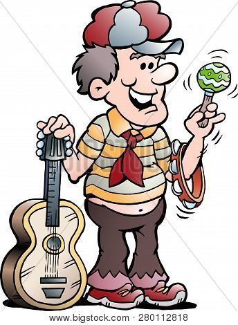Vector Cartoon Illustration Of A Happy Guitar Music Player