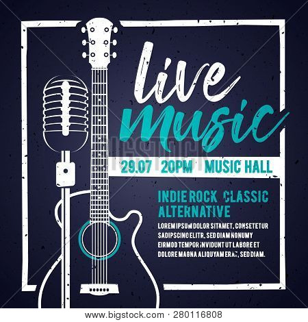 Vector Illutration Banner With An Acoustic Guitar And A Microphone For Concert, Live Music And Party