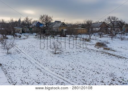 Winter Landscape With Peasant Houses And Their Backyards In Vasilyvka Town, Zaporizhia Oblast, Ukrai