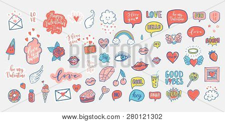 Vector Hand Drawn Fashion Elements For Wedding, Valentine's Day, Love Prints Background. Labels, Spe