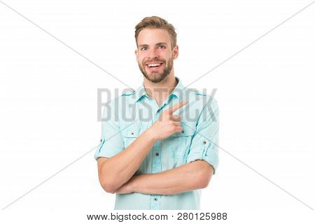 Find Solution. Man With Bristle Smiling Face White Background. Guy Happy Find Solution. Achieve Succ