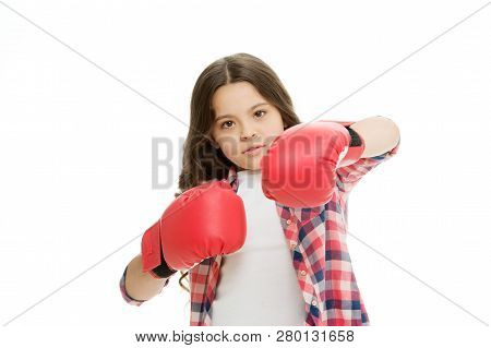 Girl Power Concept. Kid Boxing Gloves Isolated White. Child Boxer Defend Herself. Sport Activity. Bo