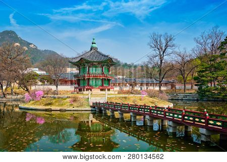 Hyangwonjeong Pavilion in Gyeongbokgung Palace, Seoul, South Korea