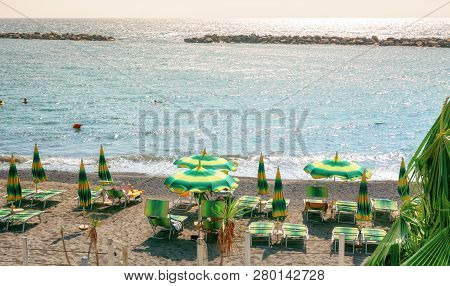 San Remo, Italy, September 18, 2018: The Beach Terrace Of The Beachclub Baya  Greca In The Italian C