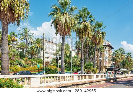 San Remo, Italy, September 18, 2018: Hotels En Apartments Along The Via Aurelia In The Italian City 