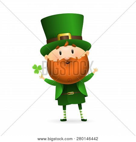 Bearded Leprechaun With Clover Leaf. Happy Dancing Irish Man In Green Costume And Hat. Can Be Used F