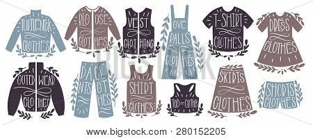 Fashion Clothing Collection Set Hand Draw. Shape Text Blouse, Turtleneck, Vest, Overalls, Outwear, T