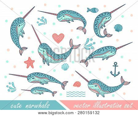 Set Of Hand Drawn Cute Funny Narwhals. Doodle Whales For Print Designs, Posters, T-shirts. Cartoon C