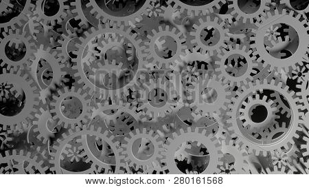 Abstract Background Consisting Of White Gears On Dark. 3d Illustration. Infustrial Design Background