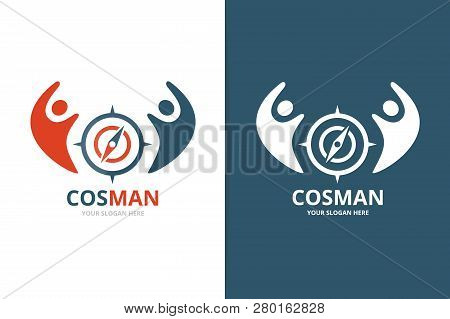 Vector Compass And People Logo Combination. Navigation And Family Symbol Or Icon. Unique Travel And 