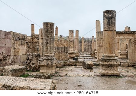 Jerash, Jordan, December 08, 2018 : Remains Of Temple The Macellum In The Great Roman City Of Jerash