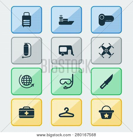 Travel Icons Set With Hanger, Quadrupter, Flight And Other Video Camera Elements. Isolated  Illustra
